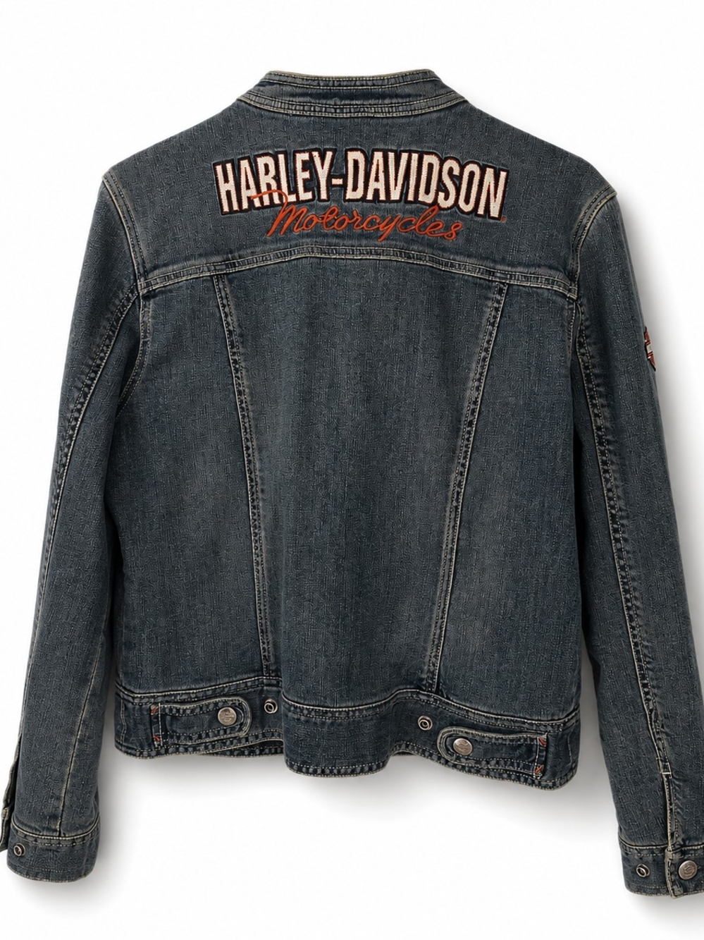 Harley-Davidson Women's Blue Denim Jacket with Orange Accents - Picture 2 of 4